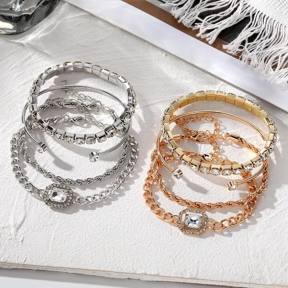 4 Piece Set Luxurious Bracelets for Women Crystal Shiny Adjustable Opening Chain Bracelets Punk Bangle Fashion Jewelry