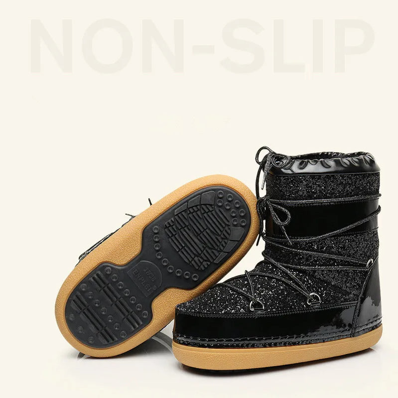 Winter Women Snow Boots Parent-Kid Waterproof Platform Non-slip Boots Children Boys Girls Lace-up Glitter Cotton Ski Boots