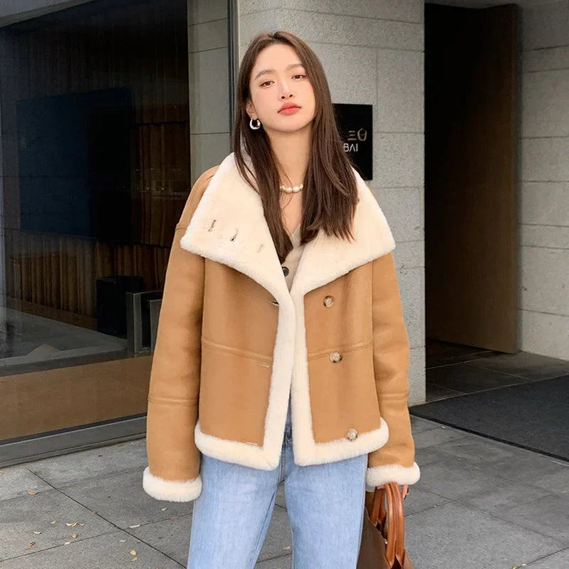 Lady  Fashion Wool Jackets Women Fashion Real Wool Lamb Fur Coat Winter Jacket LSBH69