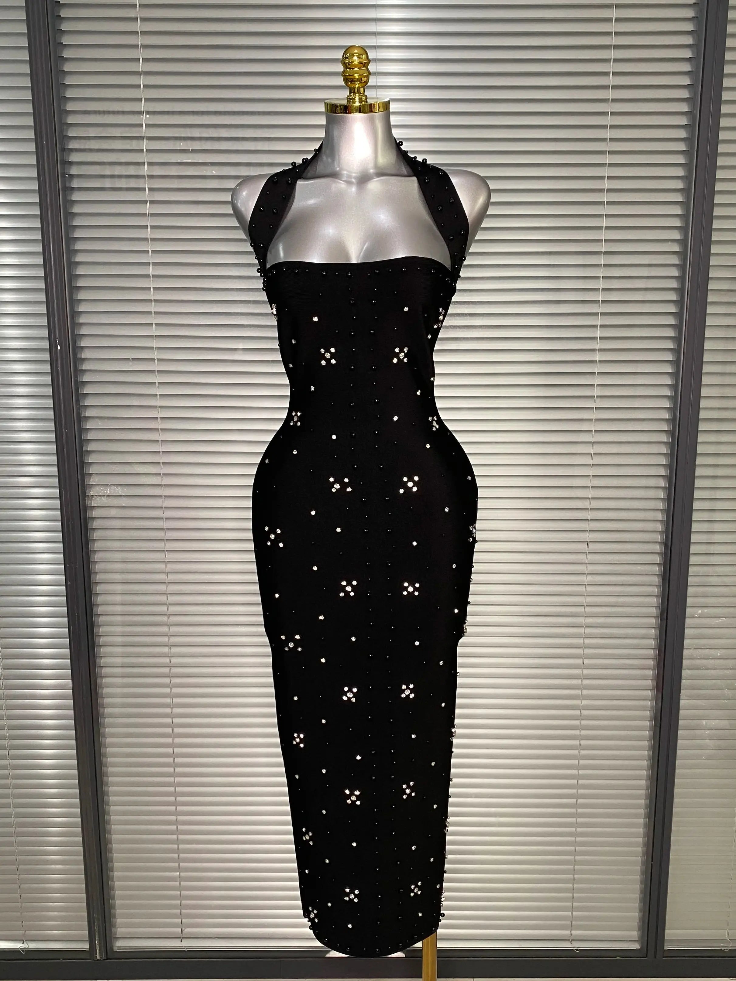 Summer New 2025 Women Black Halter Long Bodycon Bandage Dress Crystal Beaded Backless Evening Party Dress Vestido