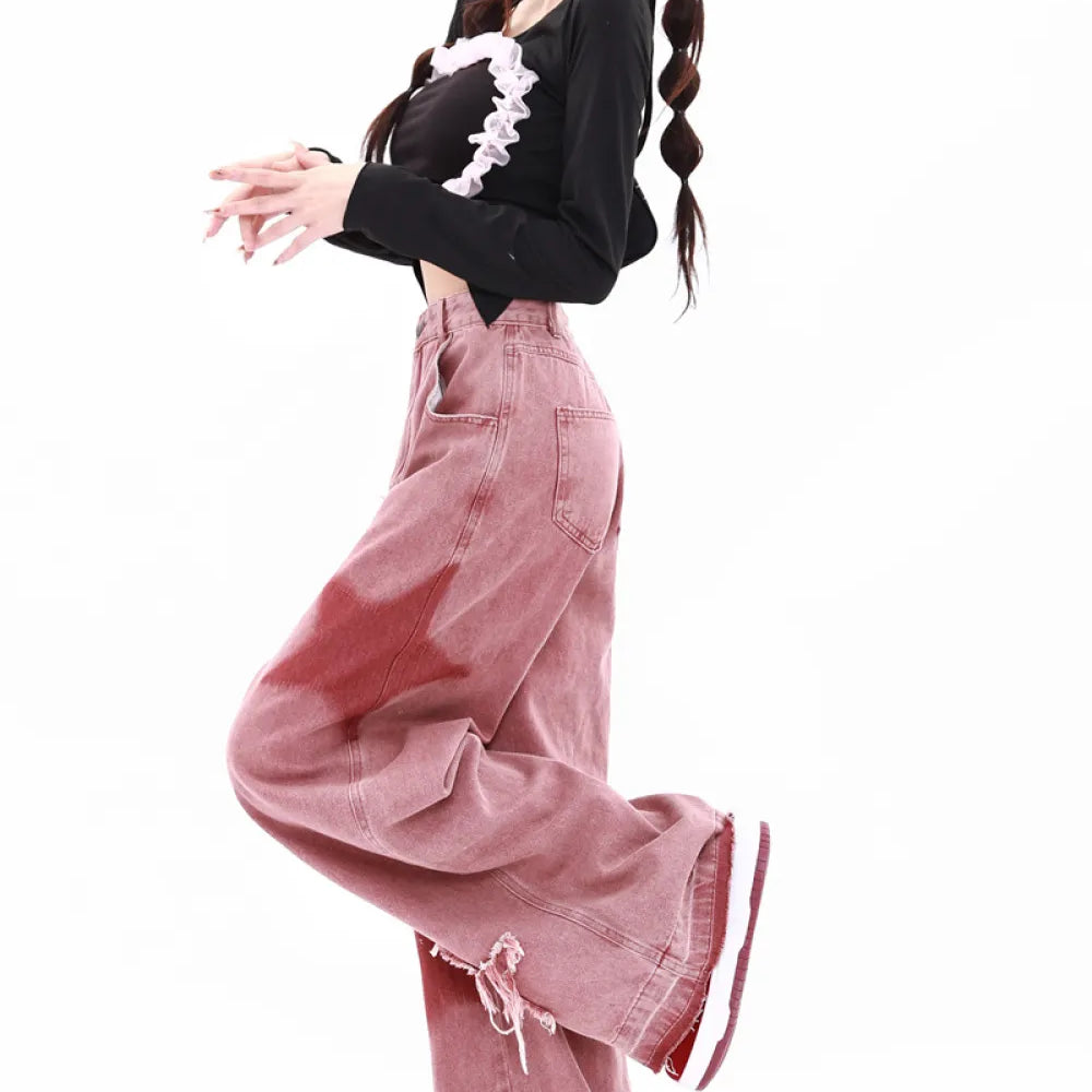 Embroidery Star Jeans for Women Autumn New In Corset High Waist Jeans Pants for Women Straight Pink Winter Wide Pants Women Y2K