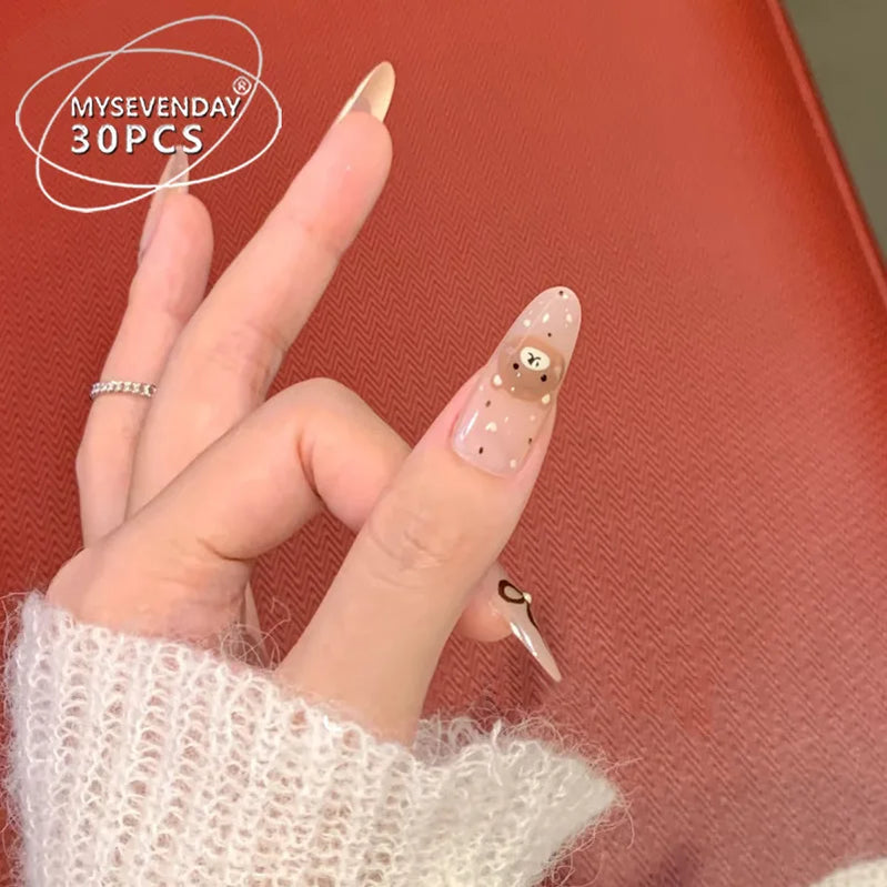 30pcs Cartoon French Almond Fake Nails Nanicure False Nail Bear Bow Full-Coverage Nail Tips for Women&Girl Detachable Fake Nail