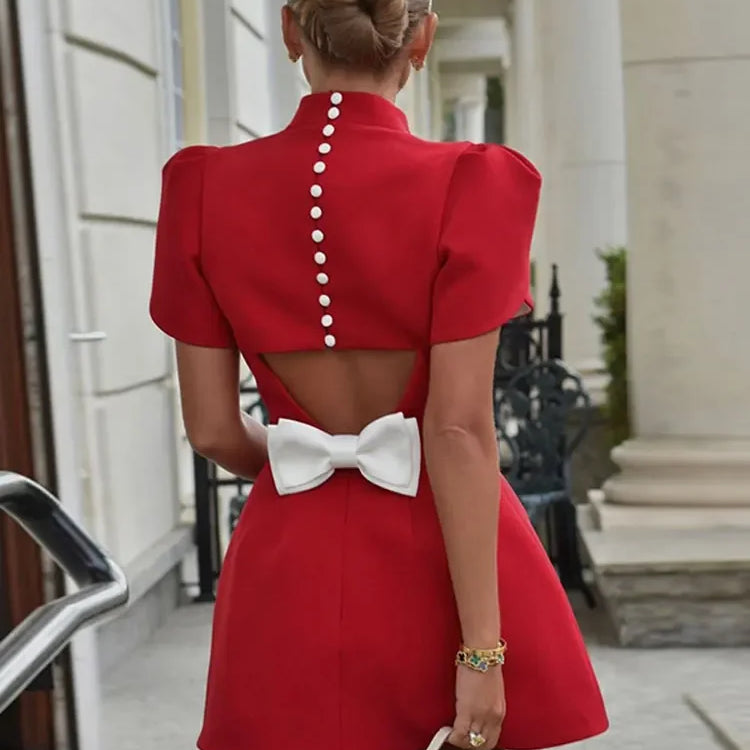 Fashion Red Bow Mini Dress Short Sleeve Women Pad Shoulder Dresses  Backless Hollow Out Ladies Summer Chic A-line Party Vestidos