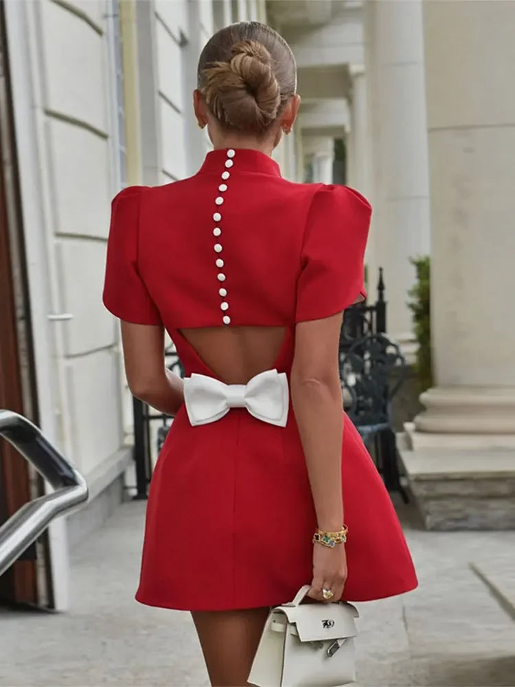 Fashion Red Bow Mini Dress Short Sleeve Women Pad Shoulder Dresses  Backless Hollow Out Ladies Summer Chic A-line Party Vestidos
