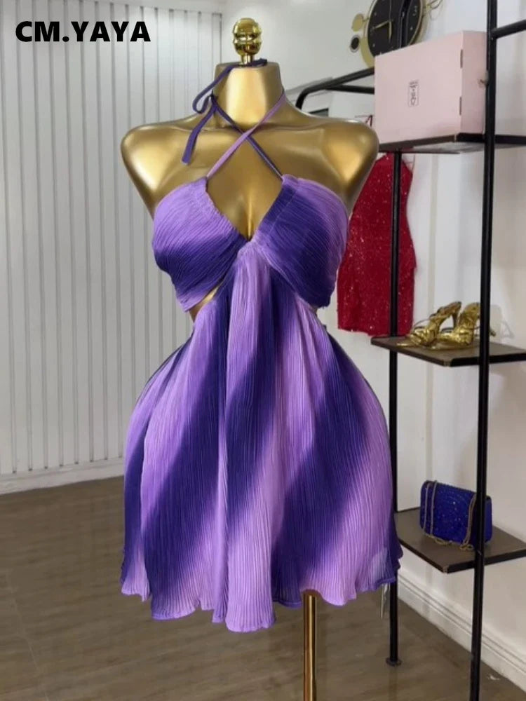 CM.YAYA Women Sleeveless Strap Gradient Printed Big Swing Dress 2025 Beach Holiday Evening Night Party Vestidos Sexy Dresses