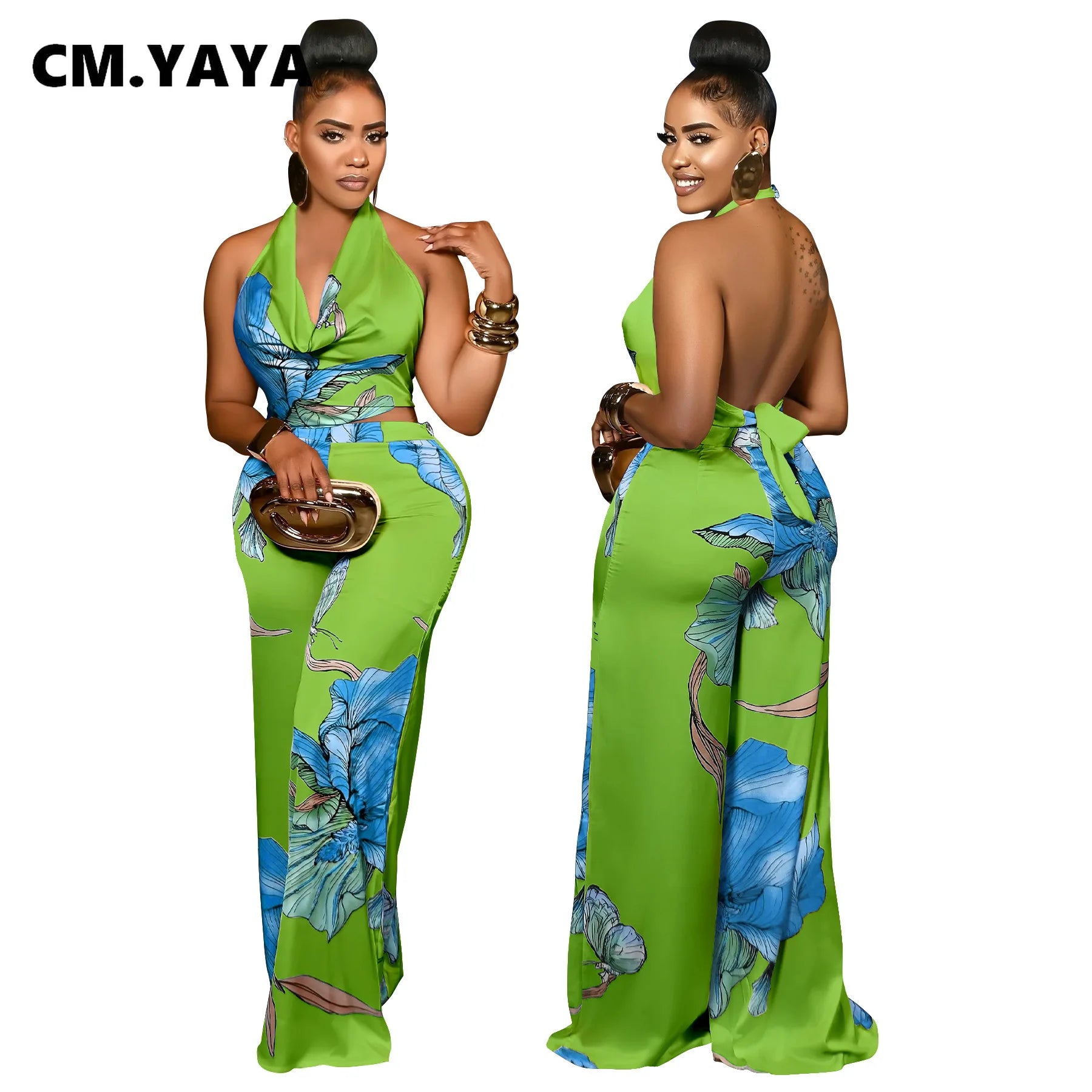 CM.YAYA Women's Set Pile Collar Elegant Floral Print Top and Wide Leg Pants Suit 2025 Summer Two 2 Piece Sets Outfit Tracksuit