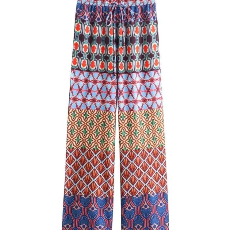 Aonibeier Printed Women Slim Shirt Wide Pants Suits Traf Summer Flare Sleeve Knot Front V Neck Crop Top Female Sets Y2K Outfits One Piece Pants