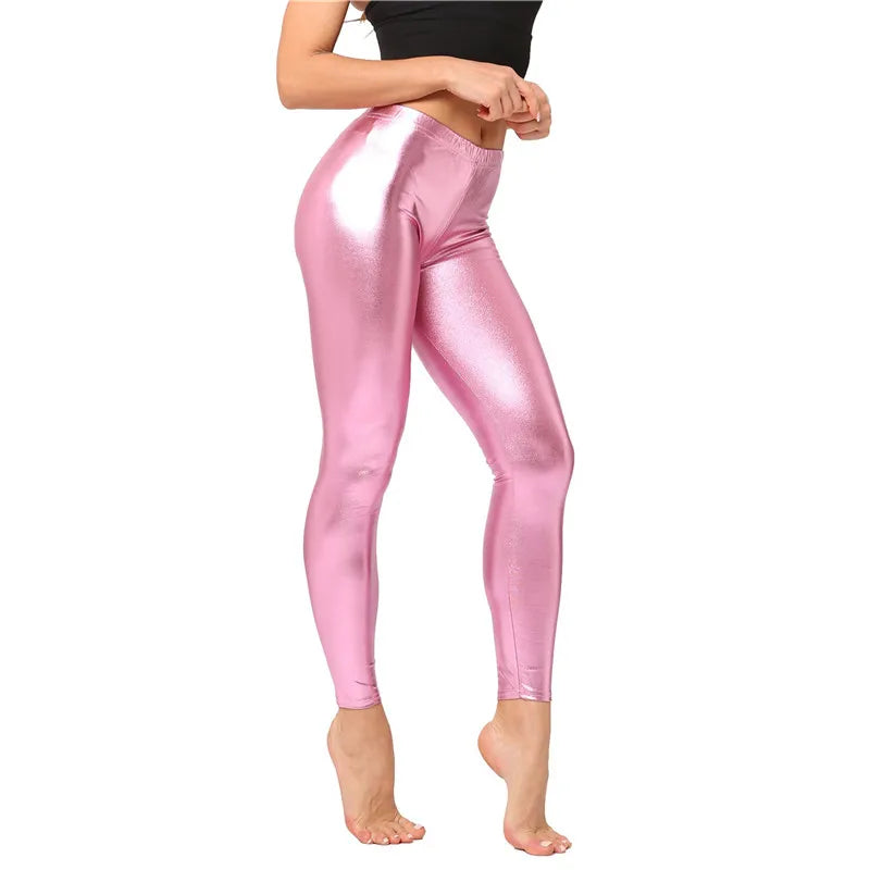 Pink Leggings For Women Metallic Shiny Black Pants Elastic Waist Stretch Fitness Mujer Gym Golden Silve Red Blue Trousers K274 Pure Pink