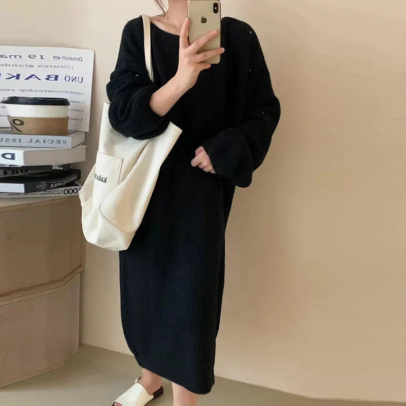 Winter Casual Long Knitted Sweater Dress Elegant New Solid Crew-neck Furry Pullover Dress Women Long Sleeve Party Dress 06 Black One Size