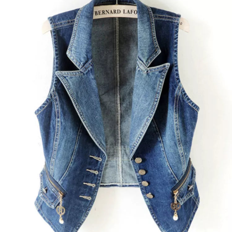 PTKPCC Casual Female Tops Women Denim Vest Jacket Spring Autumn Clothes Sleeveless Short Jeans Waistcoats Single-Breasted 5XL Blue