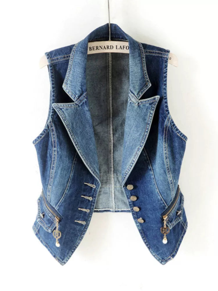 PTKPCC Casual Female Tops Women Denim Vest Jacket Spring Autumn Clothes Sleeveless Short Jeans Waistcoats Single-Breasted 5XL Blue