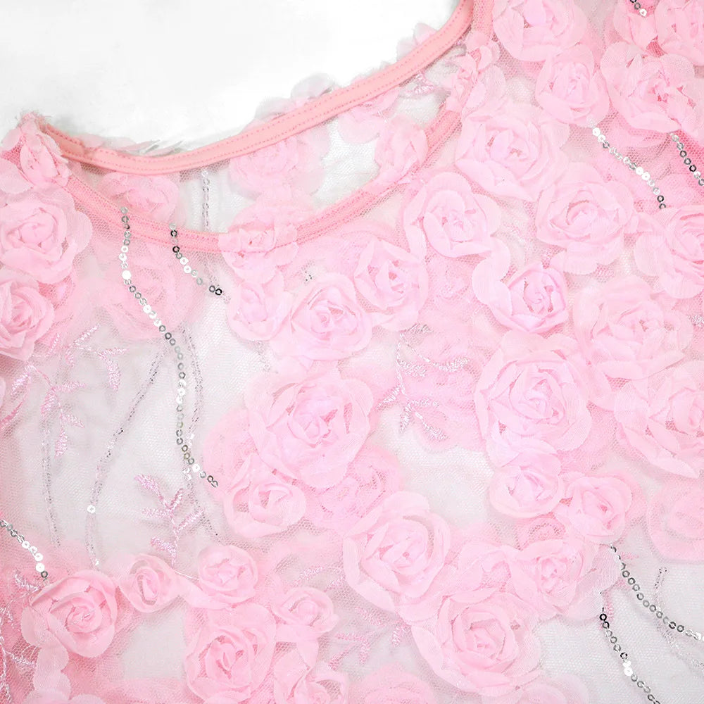 CM.YAYA 3D Flower Women's Set Mesh See Through Long Sleeve Top and Shorts Suits 2025 Sweet Party Girl Two 2 Piece Sets Outfits