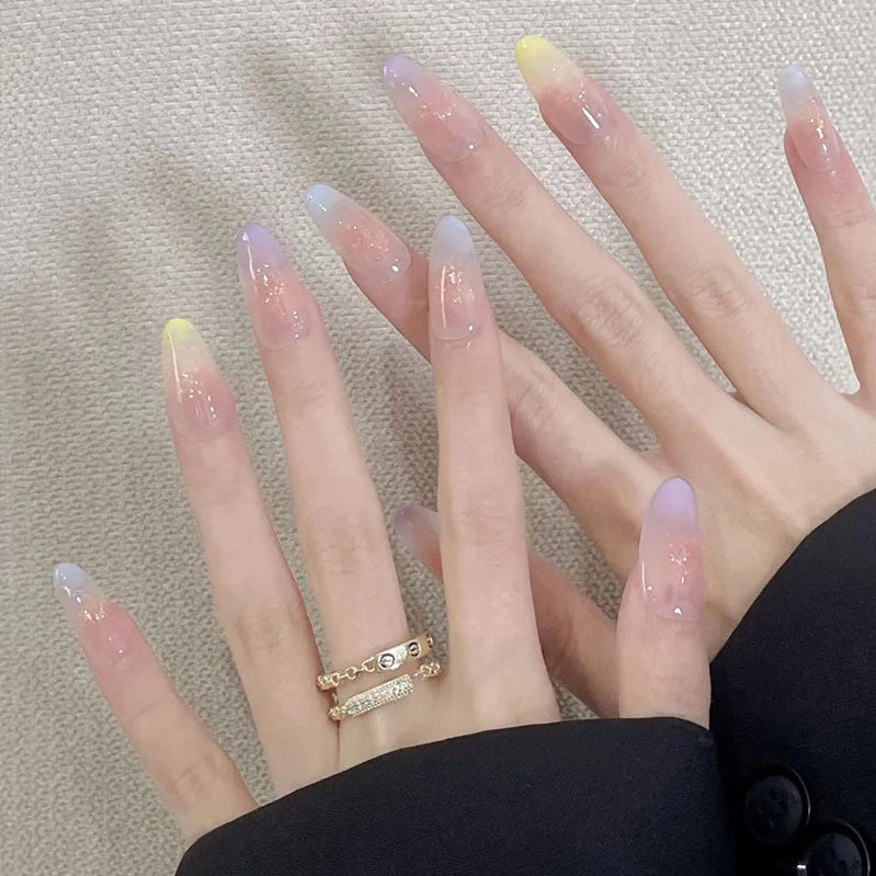 24Pcs Medium Almond Rainbow Colors Gradient Press on Nails Full  Cover Summer Cat Eye Design Wearing Fake Nails with Jelly Glue