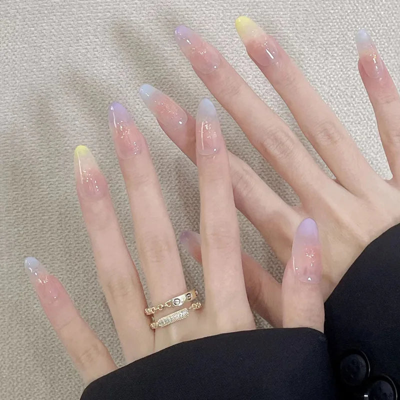 24Pcs Medium Almond Rainbow Colors Gradient Press on Nails Full  Cover Summer Cat Eye Design Wearing Fake Nails with Jelly Glue