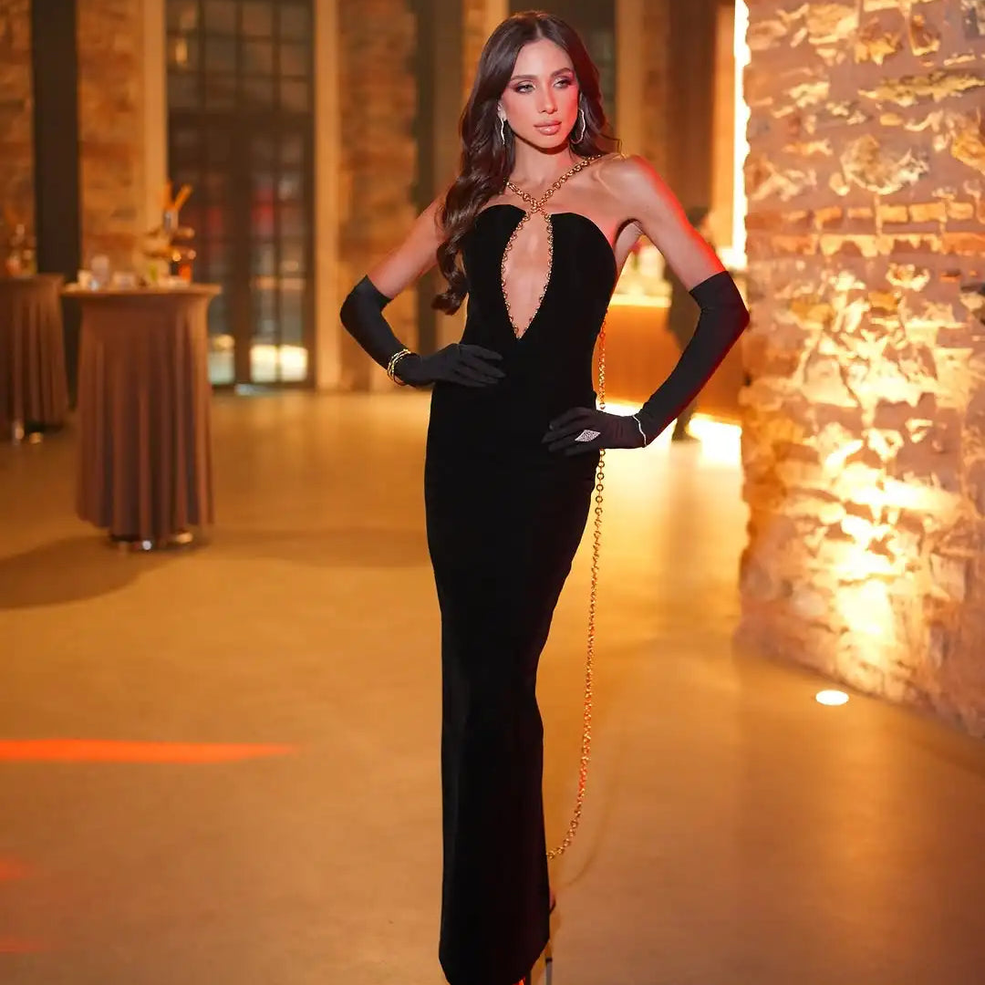 New Arrival Women Sexy Halter Golden Sequined Backless Bodycon Long Bandage Dress Gloves Celebrate Fashion Evening Party Outfit