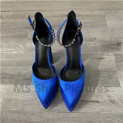 Luxury Women High Heel Shoes Platform Sandals Pointed Toe Woman Silk Pumps Sexy Rhinestone Buckle Chunky Heel Wedding Shoes