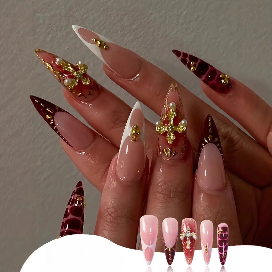 24pcs Leopard Print Almond Fake Press on Nails with Mini Flower Acrylic Fake Nails Retro Sweet Cool Design Press Ons French Nail