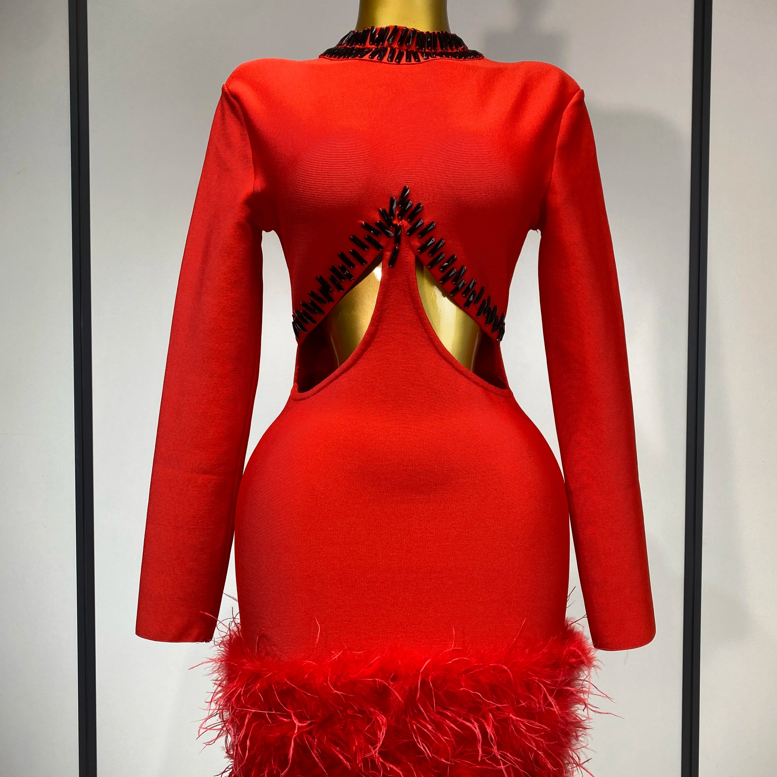 Women Sexy Cut Out Long Sleeve Beading Feather Red Mini Bandage Dress Celebrity Elegant Evening Party Luxury Birthday Dresses