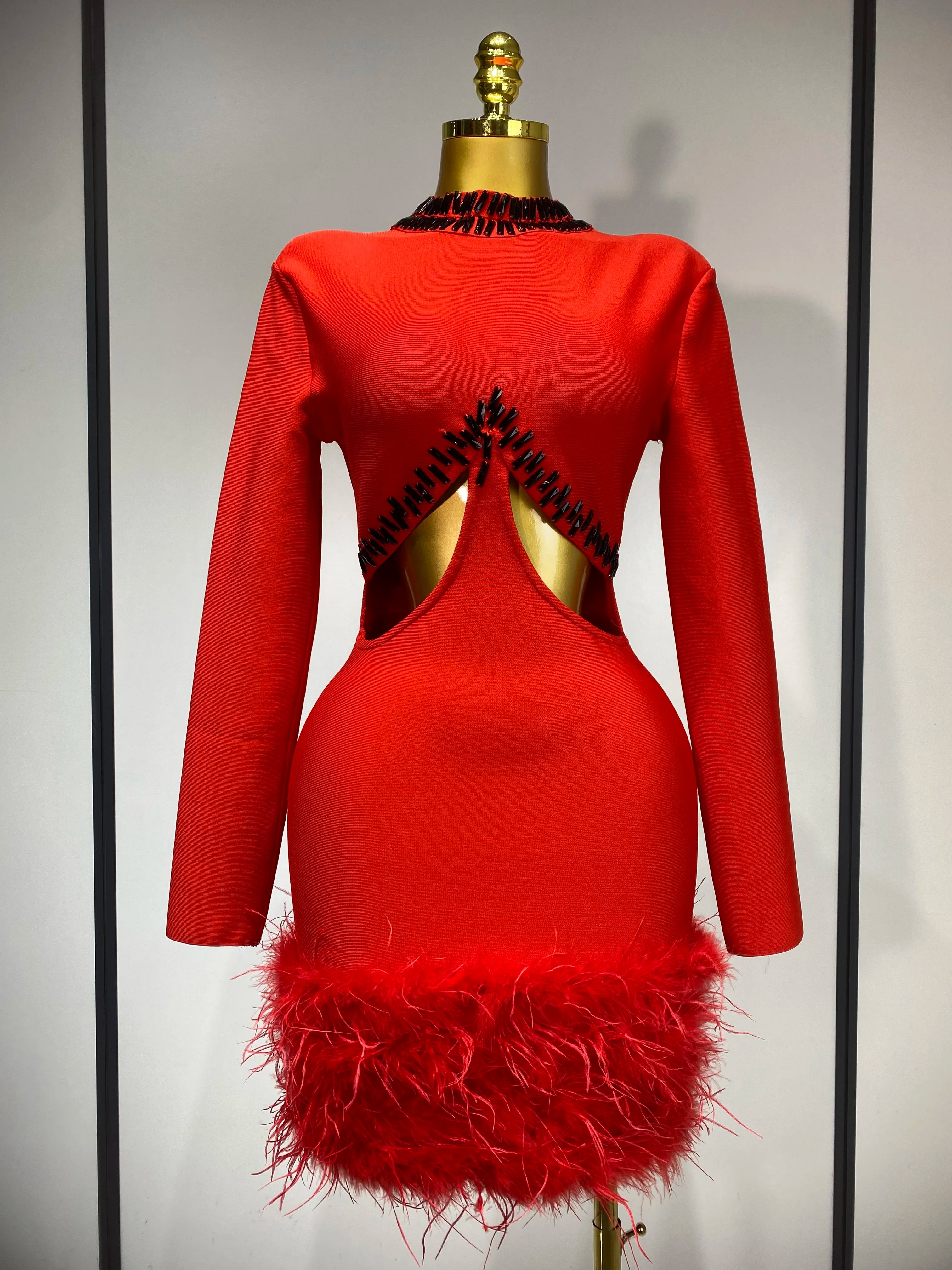 Women Sexy Cut Out Long Sleeve Beading Feather Red Mini Bandage Dress Celebrity Elegant Evening Party Luxury Birthday Dresses