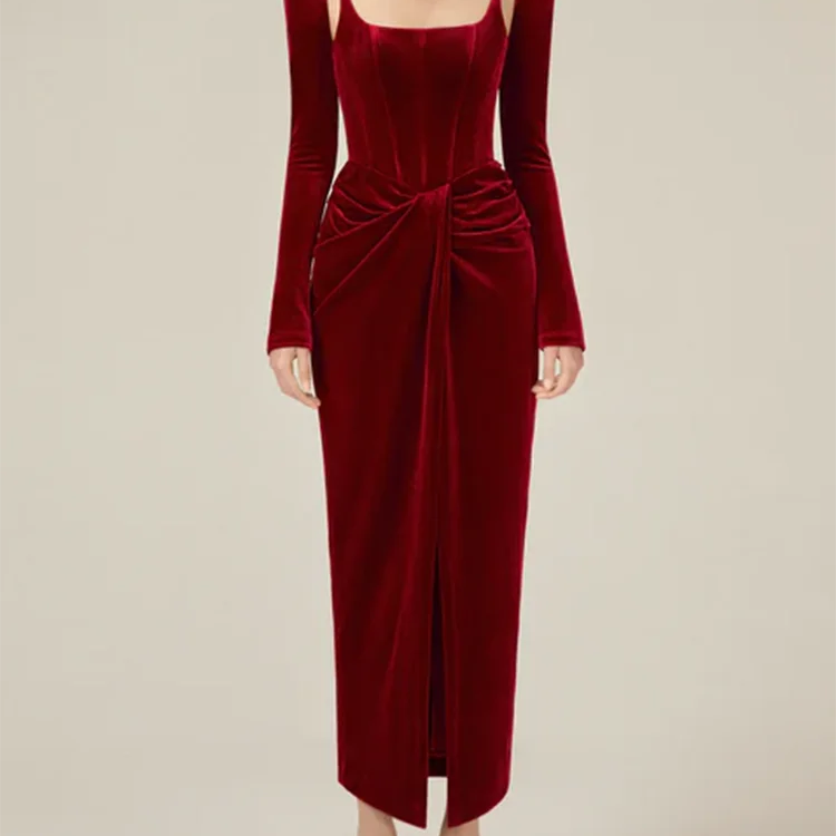 Solid Patchwork Folds Elegant Dresses For Women Square Collar Long Sleeve High Waist Split Slimming Dress Female