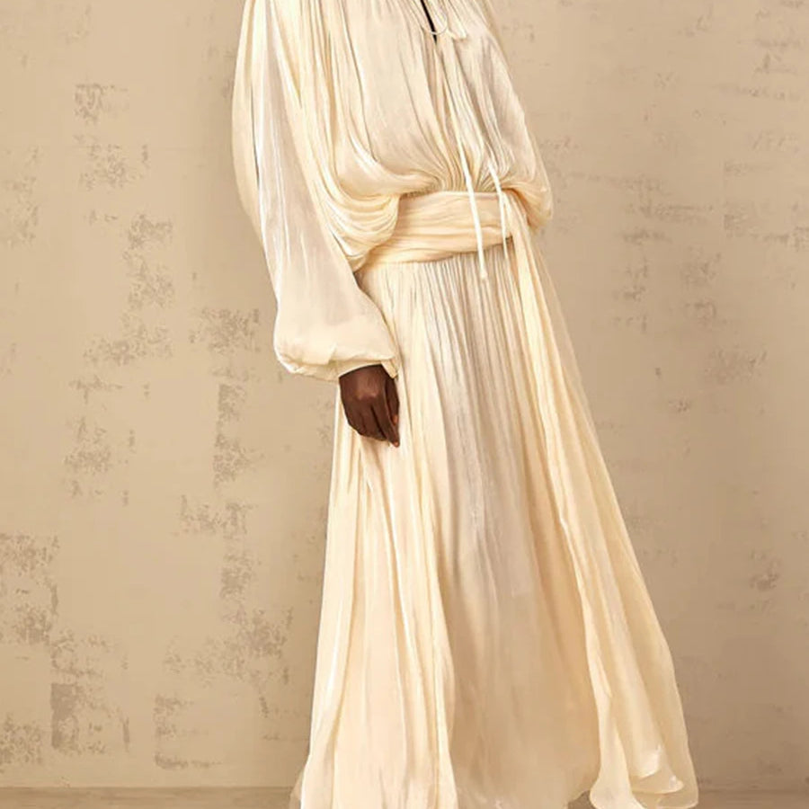 TWOTWINSTYLE Solid Loose Spliced Folds Elegant Dresses for Women Round Neck Long Sleeves Patchwork Lace Up Dress Female Fashion