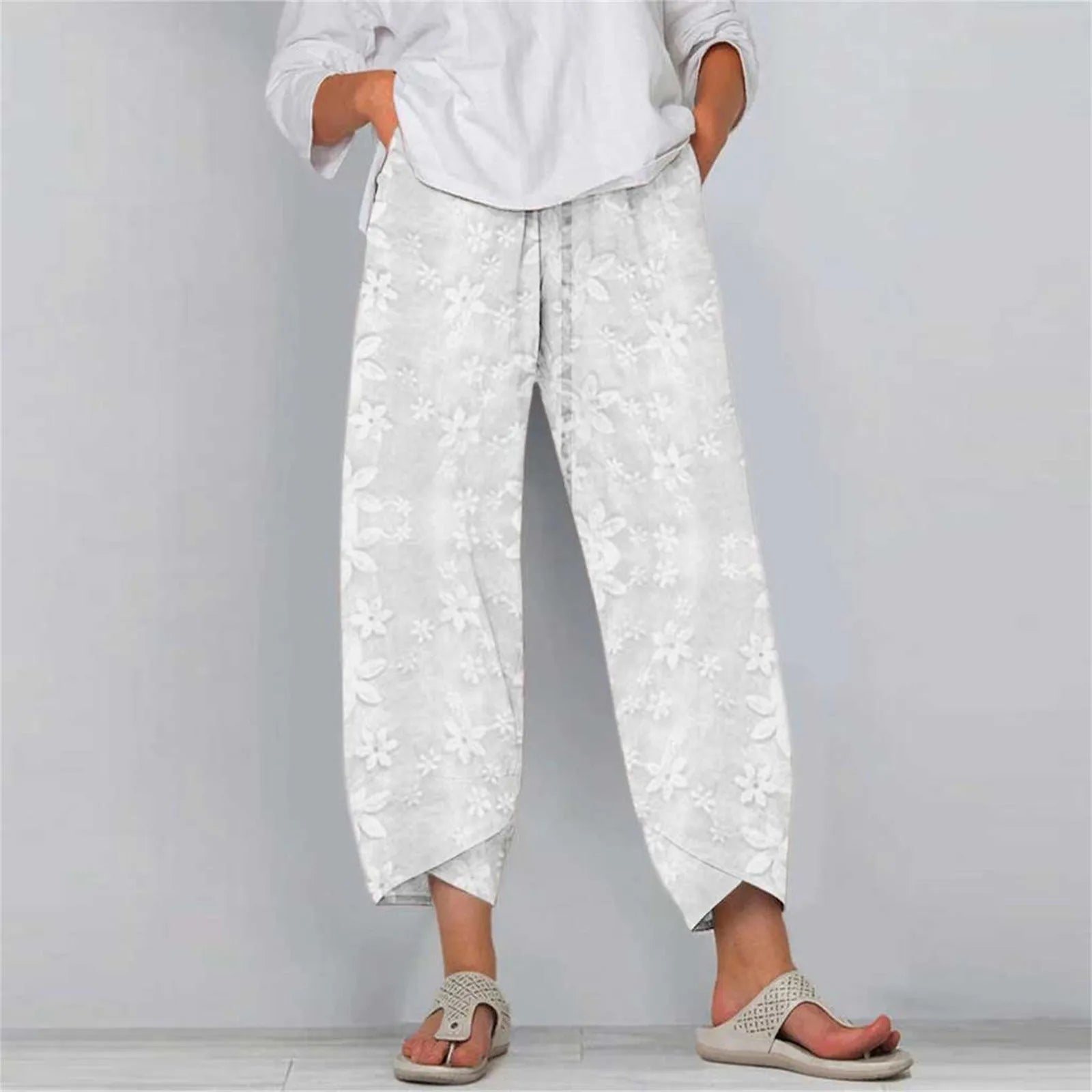 Womens Lace Knit Jogging Pants Trendy Solid Color Floral Harem Pants Loose Double Pocket Trousers Hawaiian Beach Vacation Pants