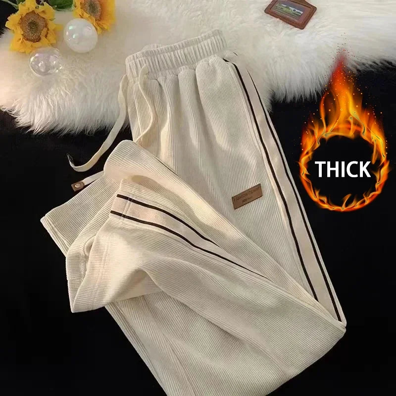 Corduroy Striped Sweatpants Women Streetwear Thick Wide Leg Pants Y2K Harajuku High Waist Joggers Korean Baggy Trousers ApricotThick
