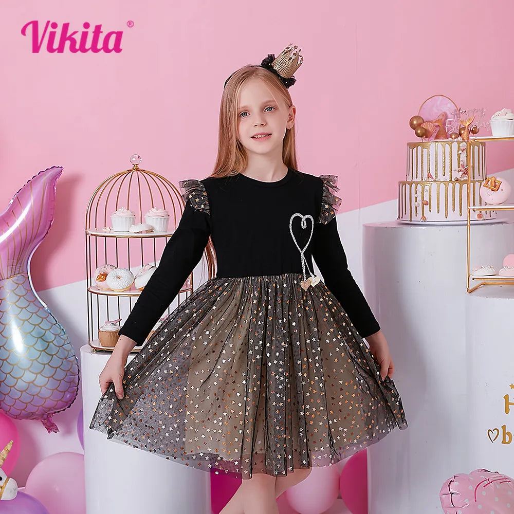 Vikita Girls Long Sheeves Dress Star Parlins feest Princessjurk Kinderen Casual kleding Dagelijkse kleding Infantil Vestidos Geschenk