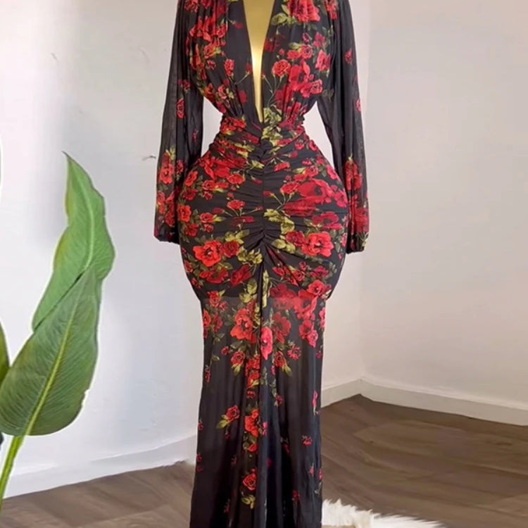 CM.YAYA Women Full Sleeve Floral Print V-neck Elegant Long Dress Ruched Holiday Birthday Evening Sexy Party Dresses Vestidos