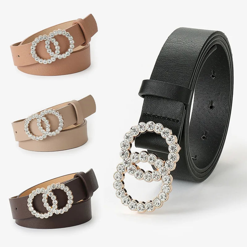 Double Ring PU Leather Rhinestone Belts for Women Fashion Luxury Designer Waistband Dress Jeans Belt