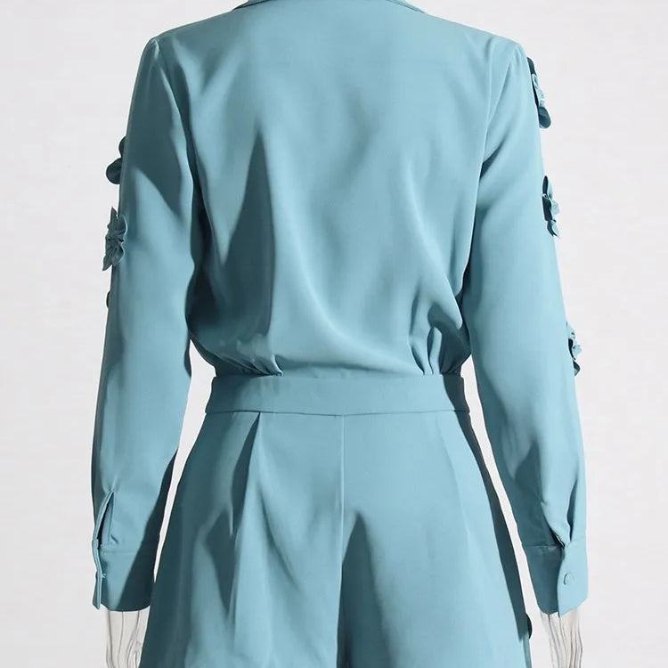 VGH patchwork appliques solid slimming jumsuit for women lapel long sleeve high waist temperament jumpsuits female fashion new