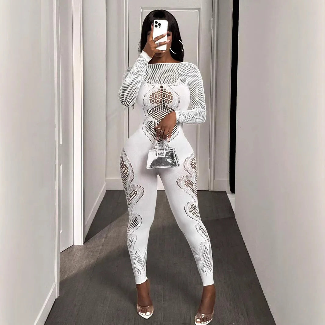CM.YAYA 2025 O-neck Full Sleeve Women Mesh Hollow Out Jumpsuits Casual Night Club Sexystreet Sexy Perspective Outfits Rompers