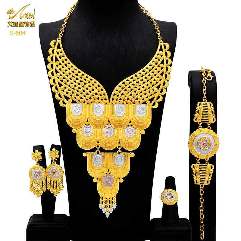 Indian Big Plated Gold Jewelry Women Necklace Sets Dubai African Party Bridal Wedding Gifts Arabic Necklace Jewelry Sets S-504