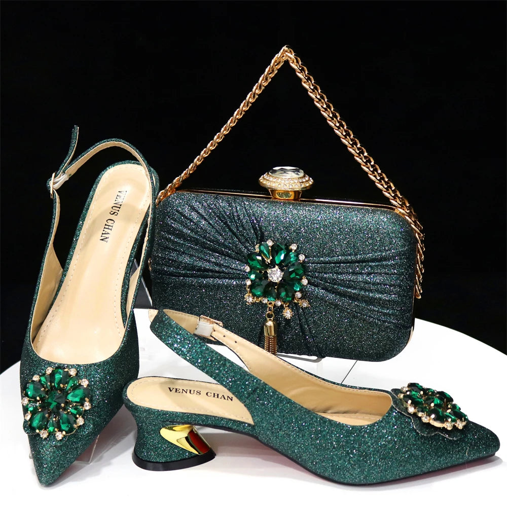 Striper Snake Pattern Rhinestone Flower Summer Shoes for Women Sandals Shoes and Bag for Party Green
