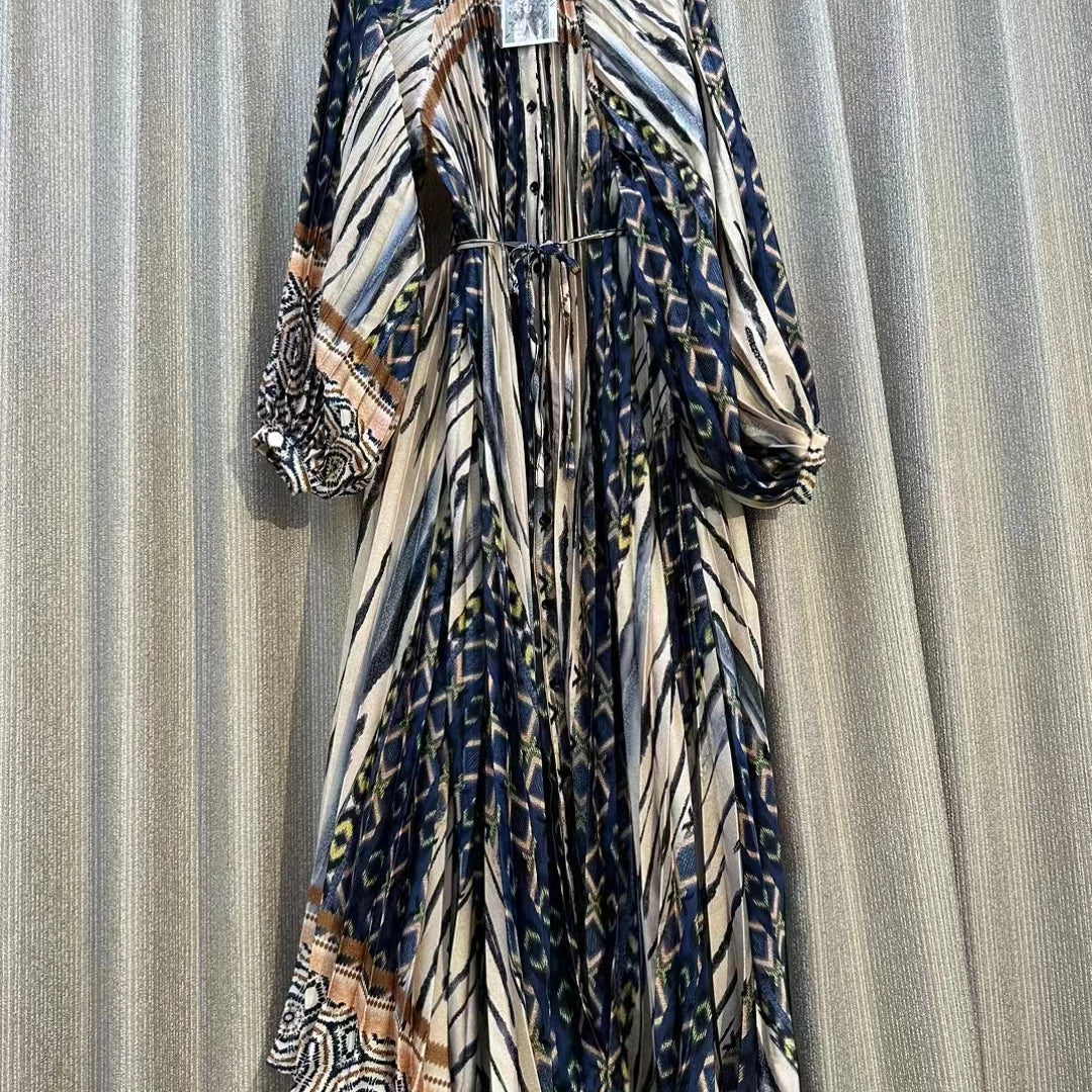 French Chic Print Pleated Maxi Party Dress For Women Retro Single Breasted Long Sleeve A-line Autumn Casual Vacation Female Robe Dark Blue One Size