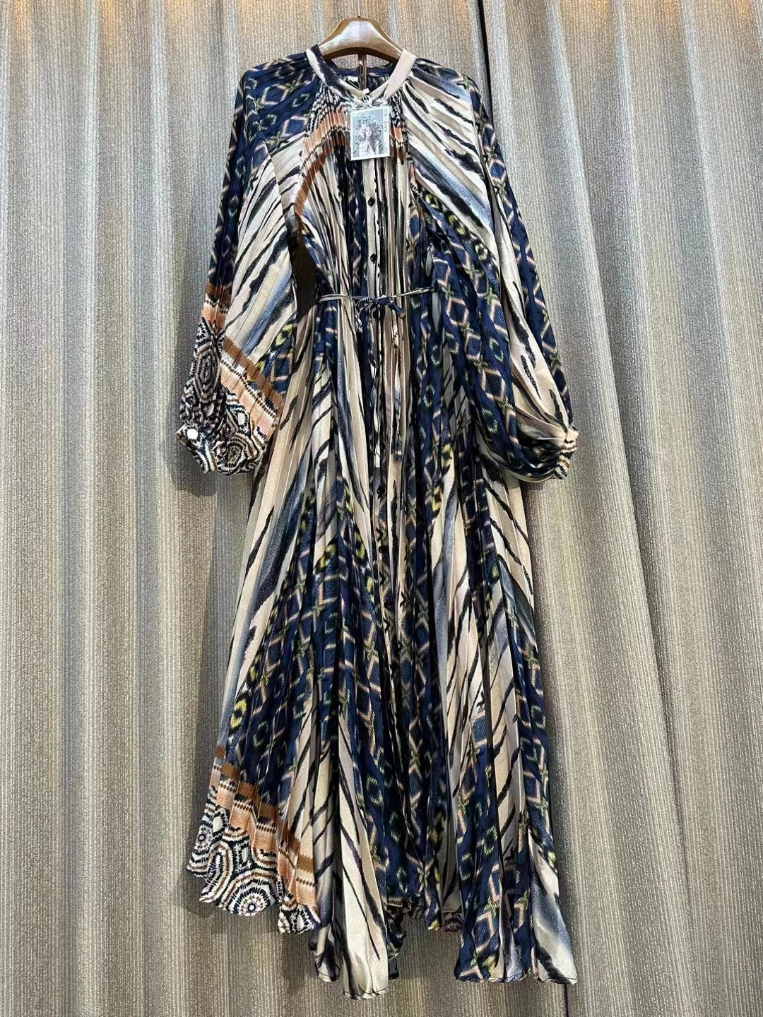 French Chic Print Pleated Maxi Party Dress For Women Retro Single Breasted Long Sleeve A-line Autumn Casual Vacation Female Robe Dark Blue One Size