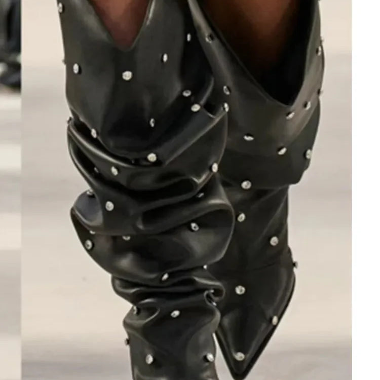 Autumn/Winter Mirror Face Thick High Heel Mid Boot Pointed Fashion High Boot Banquet Party Colorful Over Knee Long Boot Black rivet