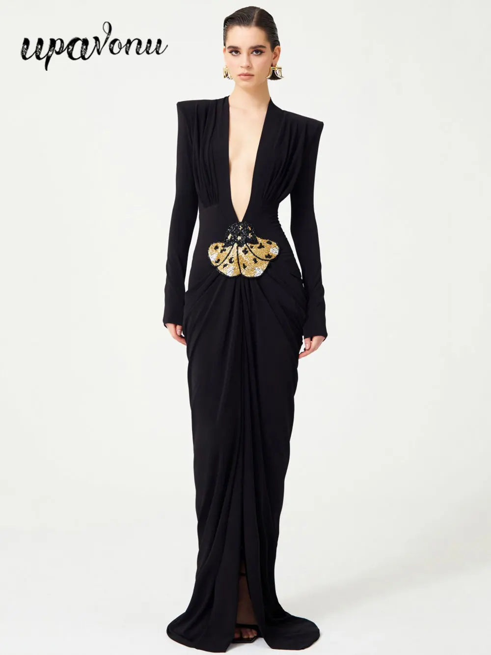 2025 Sexy Women's Light Luxury Maxi Dress Deep V-neck Long Sleeve Three Dimensional Beaded sequin Design Bodycon and Floor Dress