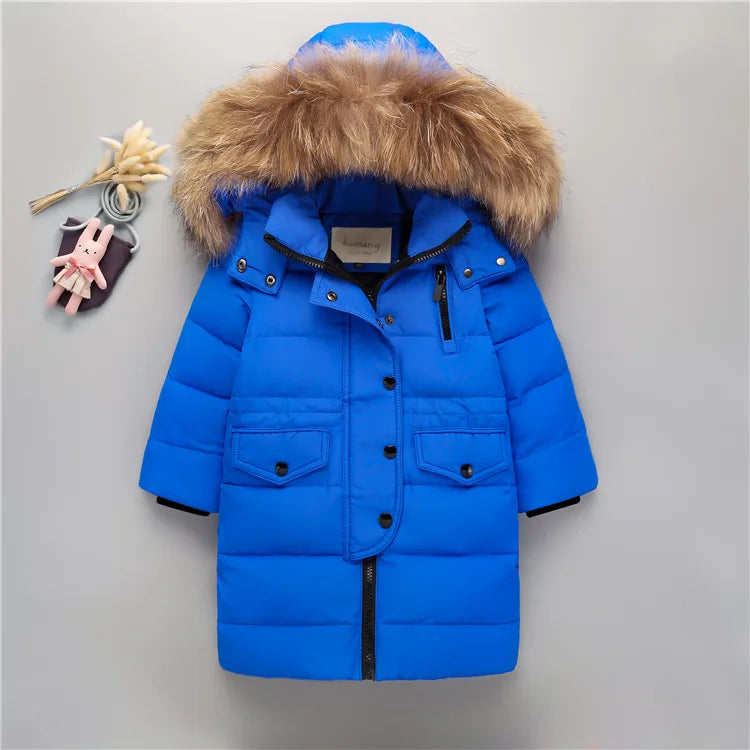 Nature Fur winter down jacket for boys coats girl clothes children's clothing thicken outerwear parka kids 80-160cm blue