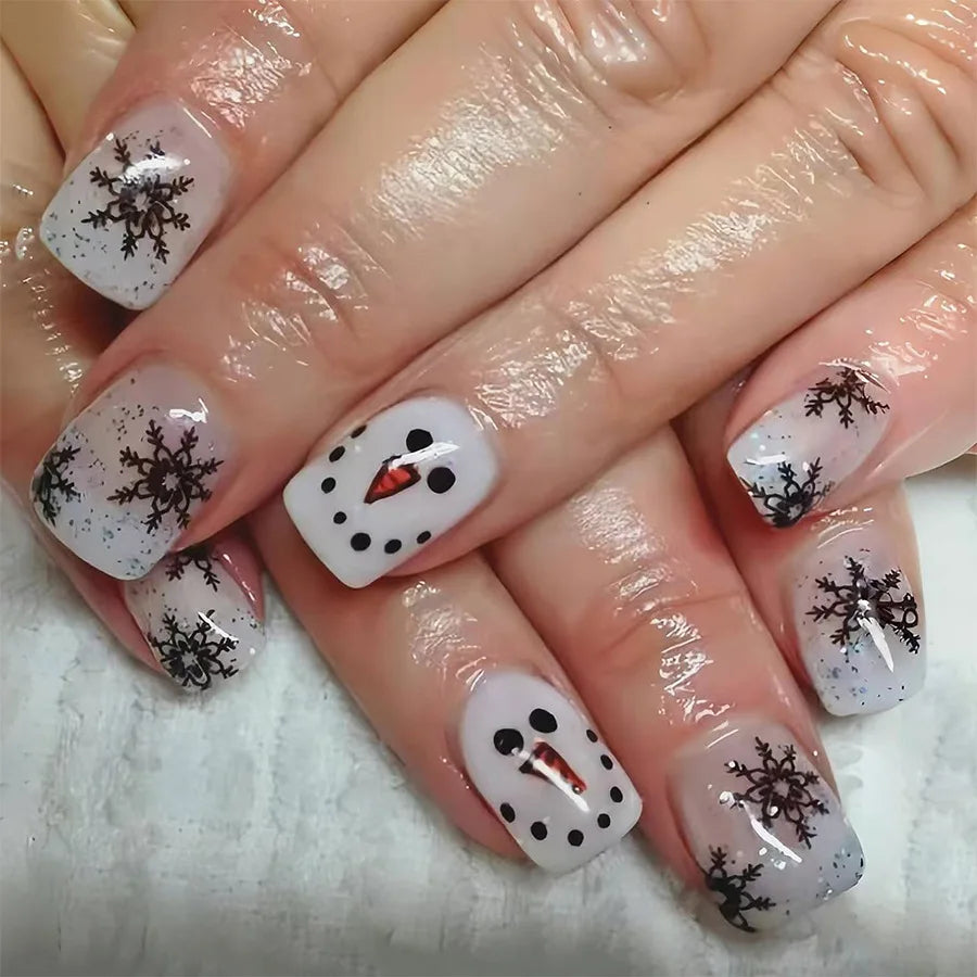 24pcs/set short fake nails for Christmas Square ballet winter false nail tips snow flakes christmas tree snowman press on nails