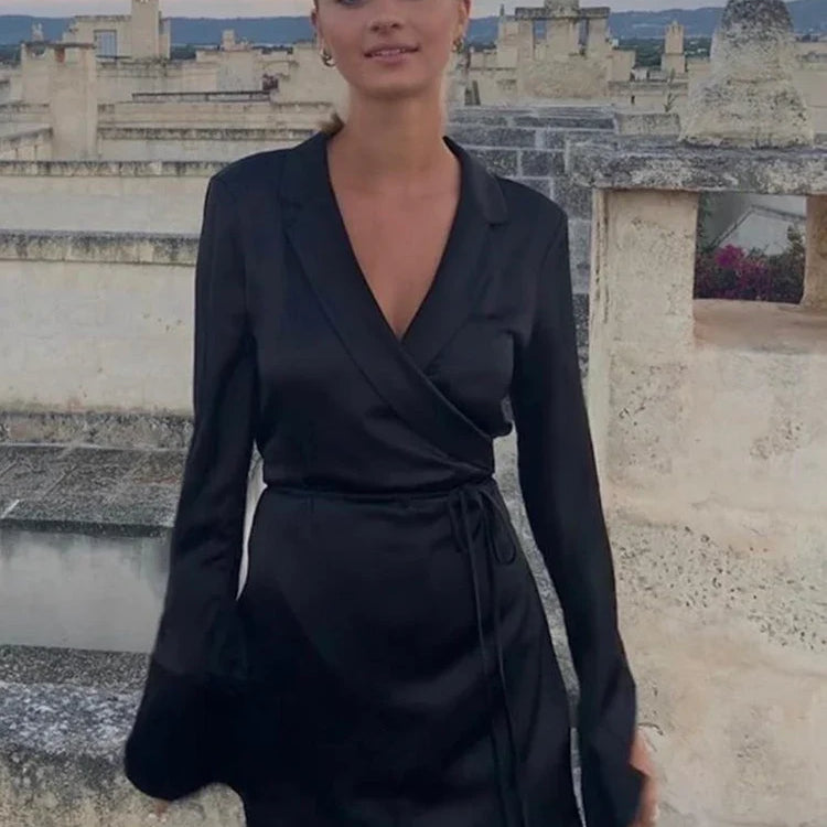 Julissa Mo Black Satin V-Neck Shirt Dress Women Spring Flare Sleeve Lace Up Mini Dresses Elegant Ladies Party Vestidos