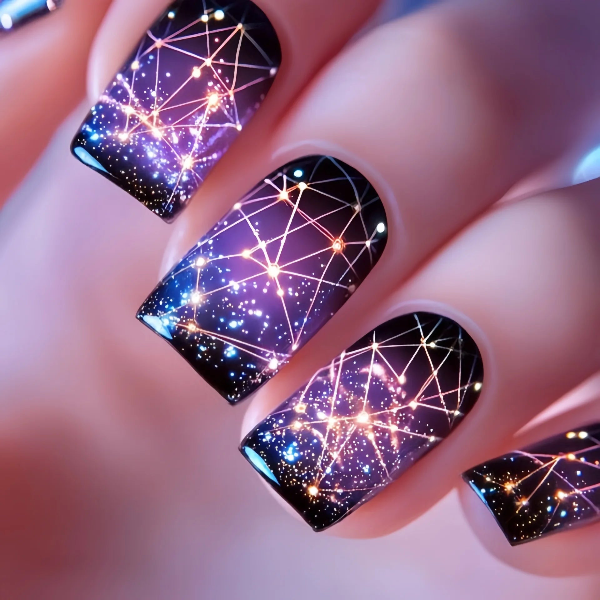 24pcs Romantic Sky Press on Nail Pink Purple Gradient Starry Sky False Nails Wearable European Square Head Fake Nails for Women