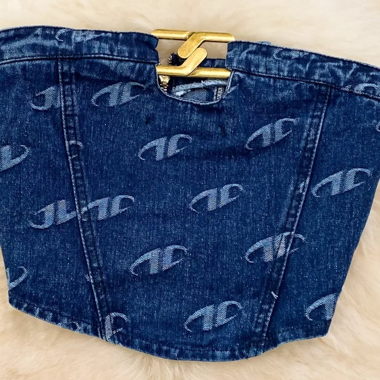 Fashion Set Women's Retro American Style Bra Denim Tank Top Two Piece Casual High Waist Slim Straight Trouser Set