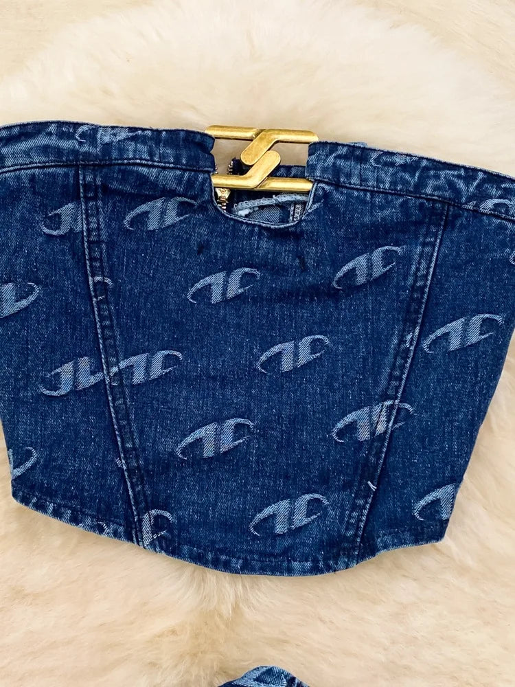 Fashion Set Women's Retro American Style Bra Denim Tank Top Two Piece Casual High Waist Slim Straight Trouser Set