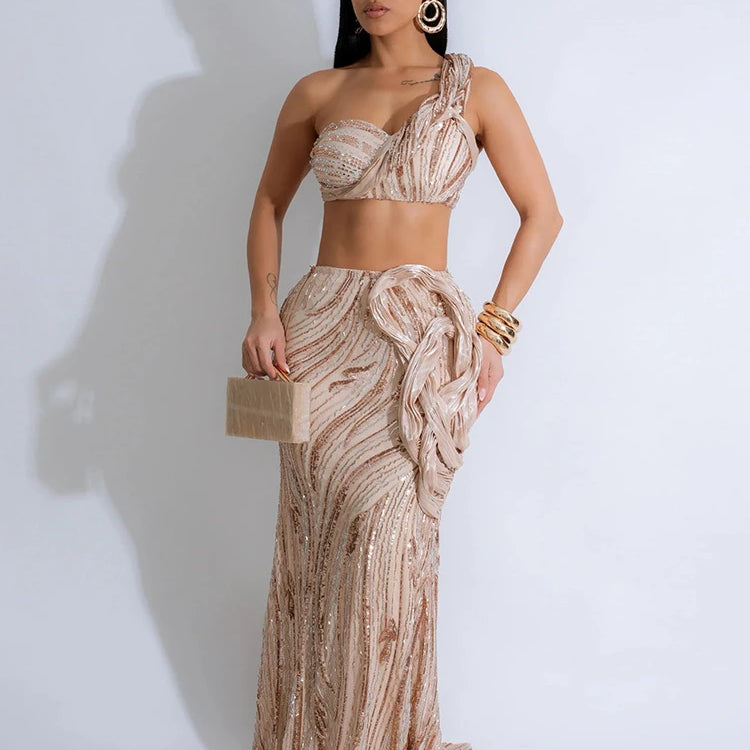 CM.YAYA Women’s Dress Set Mesh Sequined Ribbon Sleeveless Strap Top + Long Skirts Sets 2 Two Pcs Sets Sexy Party Evening Oufits