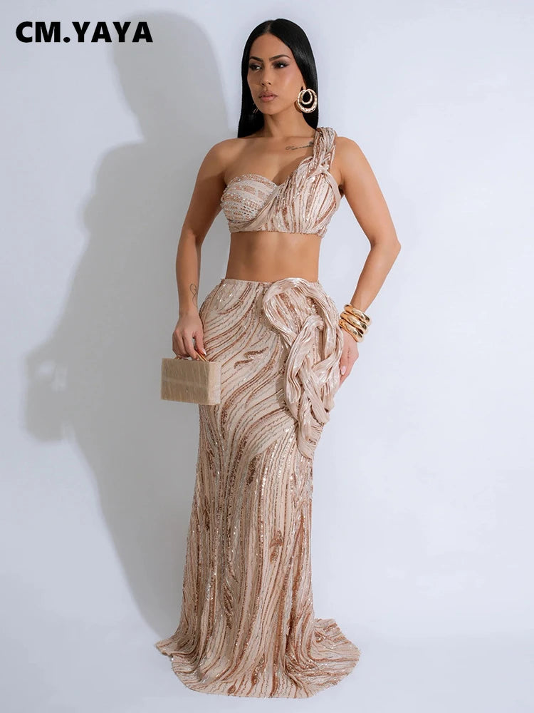 CM.YAYA Women’s Dress Set Mesh Sequined Ribbon Sleeveless Strap Top + Long Skirts Sets 2 Two Pcs Sets Sexy Party Evening Oufits