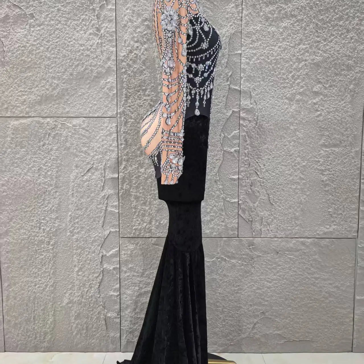 Women Long Sleeve Sexy Shinning Crystal Velvet Bodycon Floor-length Dress Celebrate Evening Party Birthday Cocktail Dress