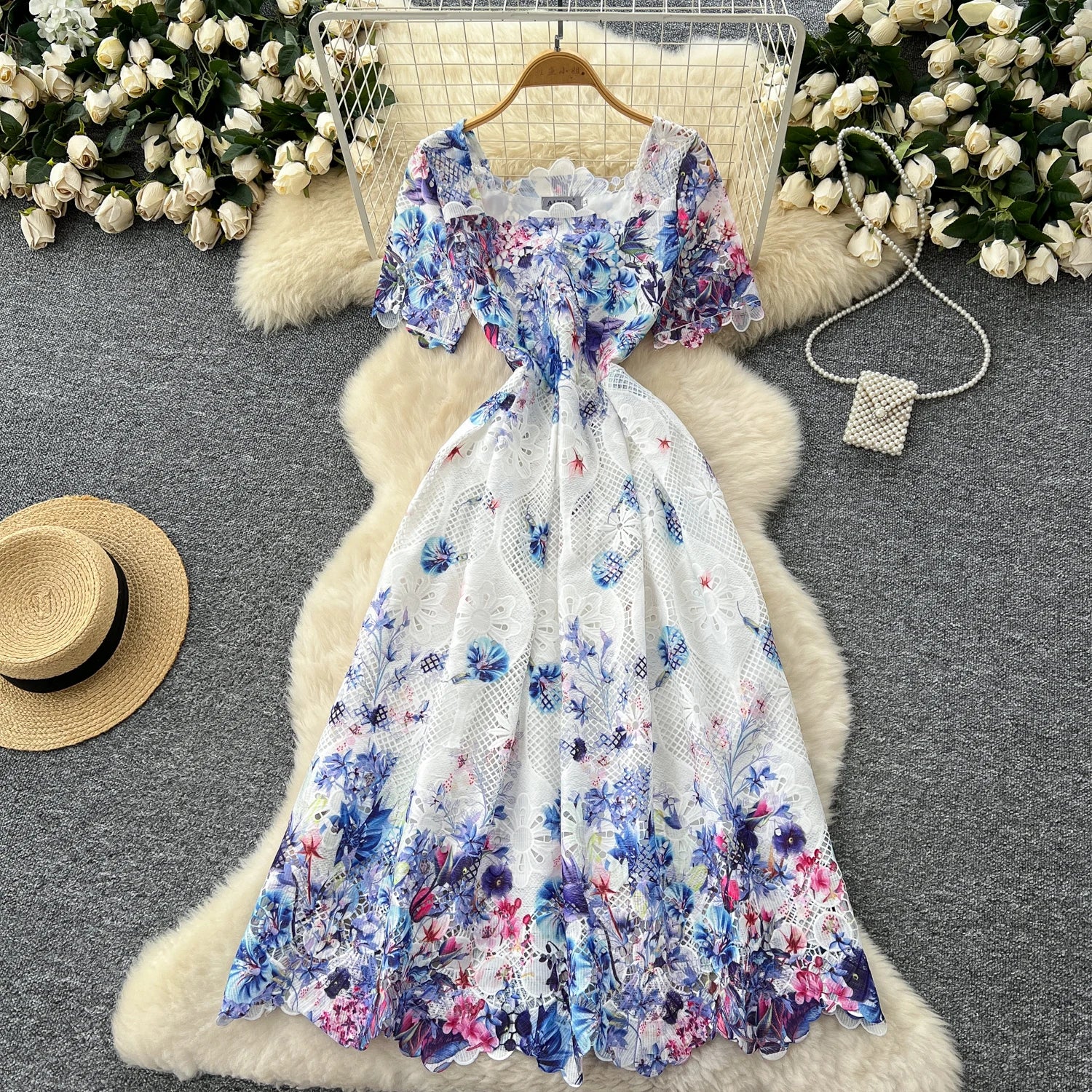 Hook flower hollow lace  pleated  Elegant Bodycon Dress Slim Party Club  Vintage Dress Korean Fashion Women Clothes