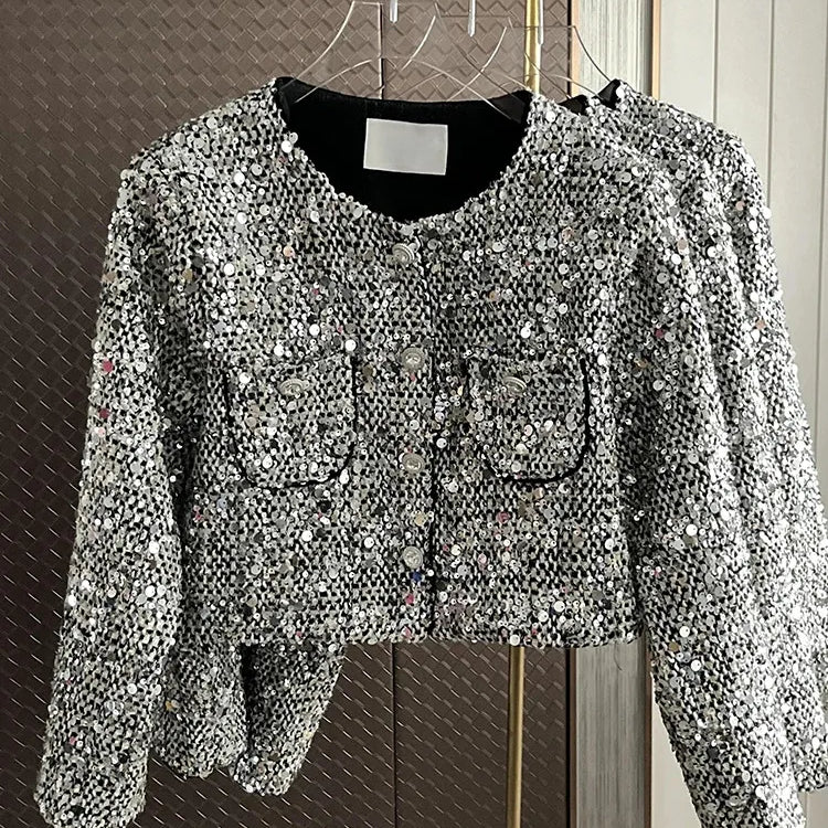 Korean Fashion Sequin Coat Women Long Sleeve Single Breasted Loose Outwears Jacket Autumn Winter New Clothes