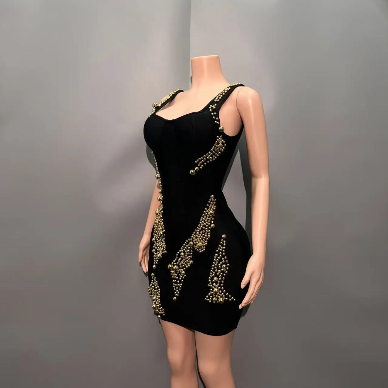 Women Sleevelss Sexy Square Collar Beading Bodycon Mini Bandage Dress Celebrate Nightclub Party Birthday Outfit